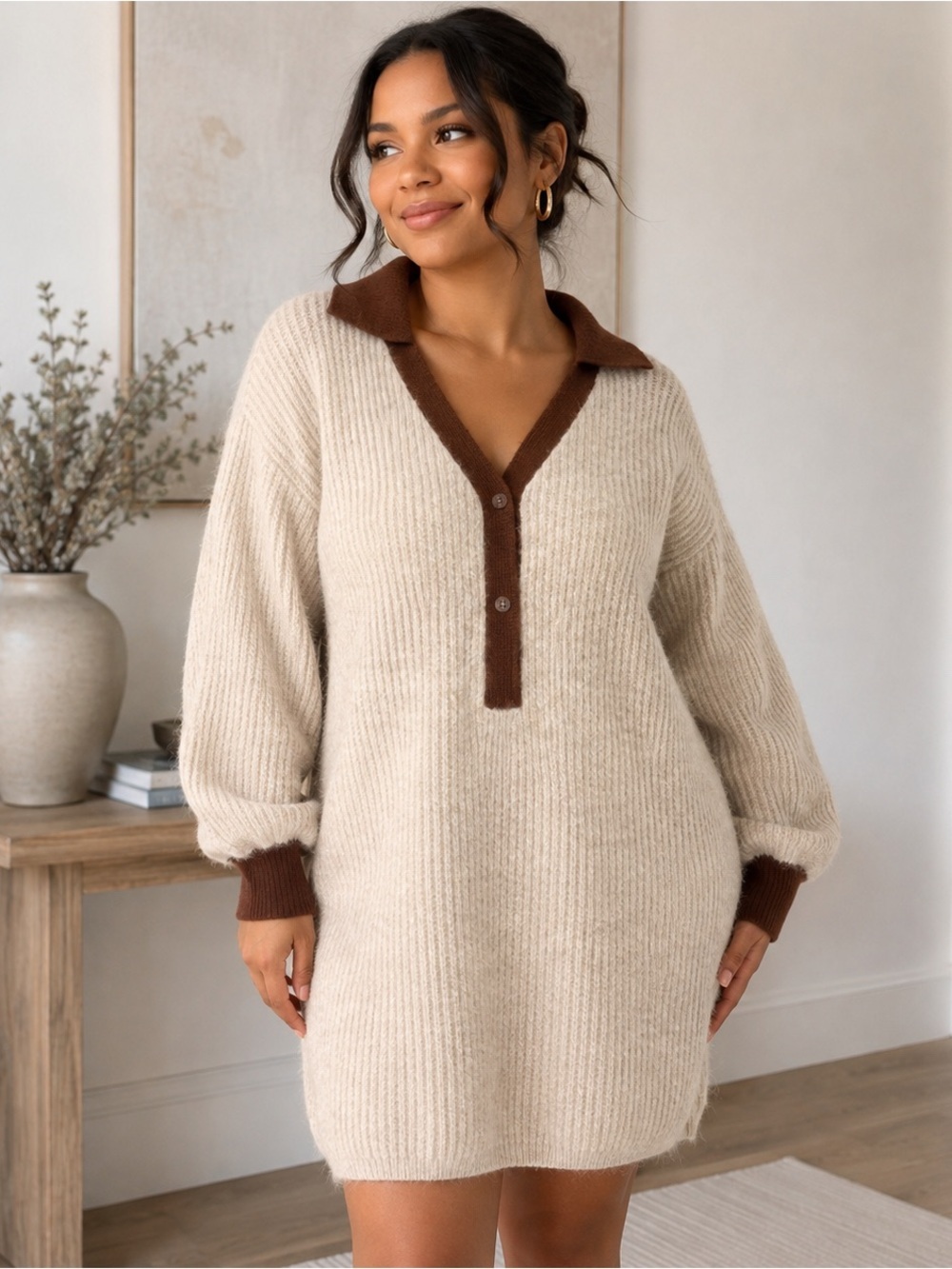 Beige and Brown Collared Knit Sweater Dress Size M BNWOT